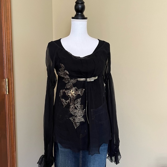 Miss Sixty 100% Silk Black Empire Waist Gold Buckle Puffy Sleeve Blouse NWT - Picture 13 of 14
